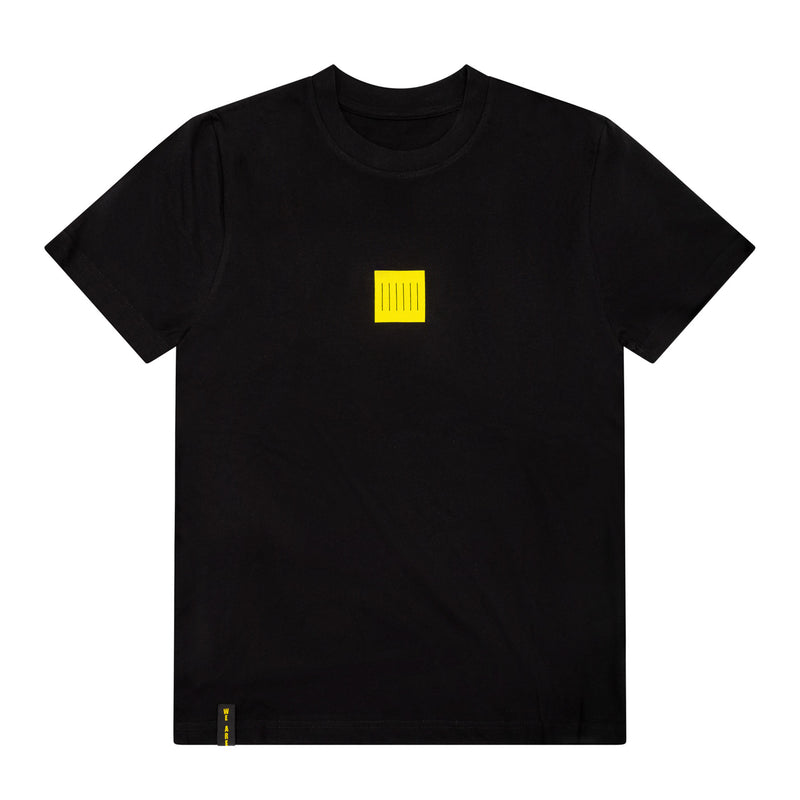 Black We Are Klank men's t-shirt, front with a small yellow logo on the chest