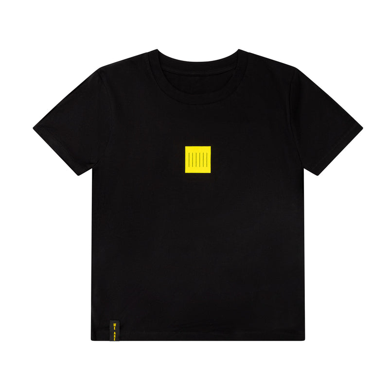 Black We Are Klank women's t-shirt, front with a small yellow logo on the chest